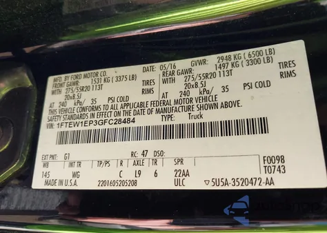 2016 Ford F-150 Xl from USA, damaged, VIN 1FTEW1EP3GFC28484